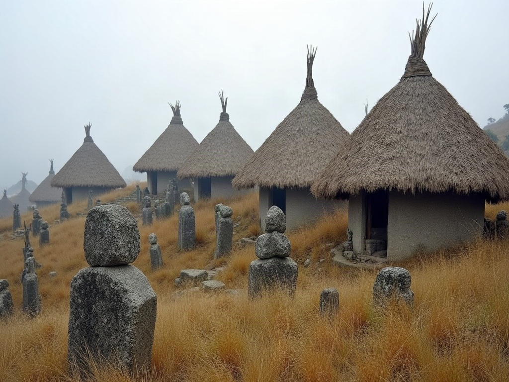 Peaked thatched roofs and stone tombs in a traditional West Sumba village