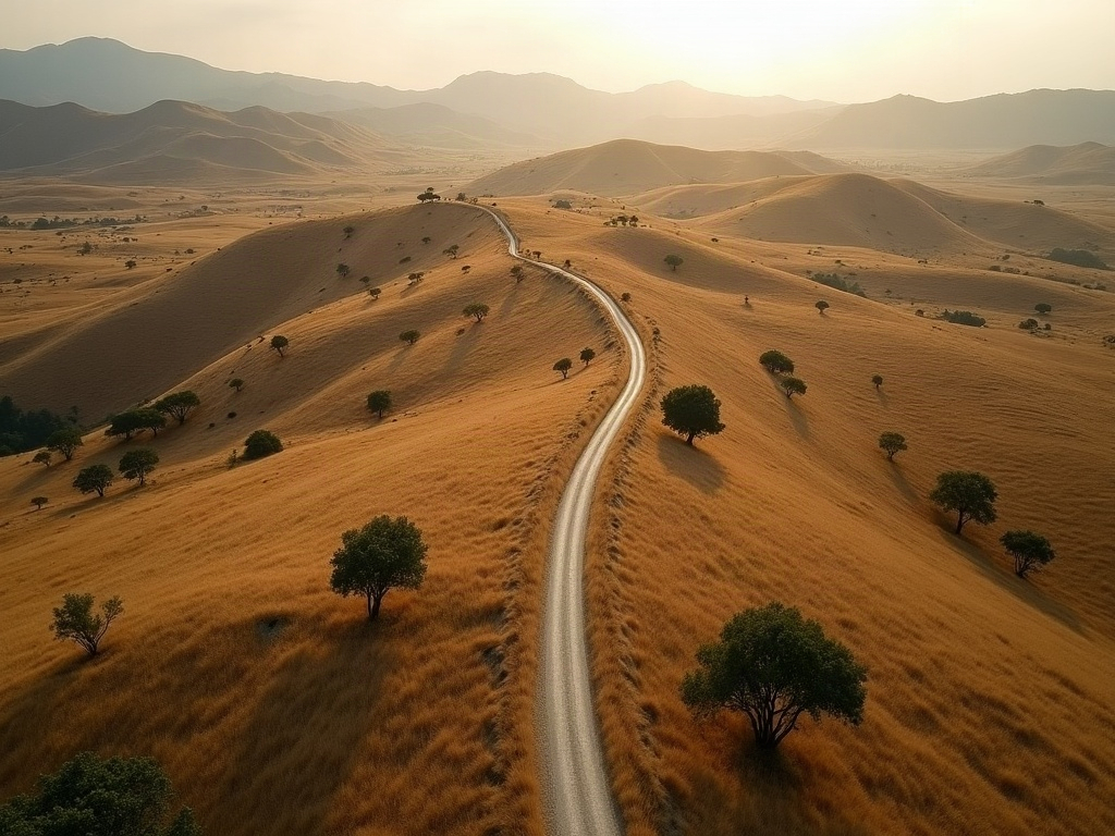 Unpaved road winding through dry savannah hills in East Sumba