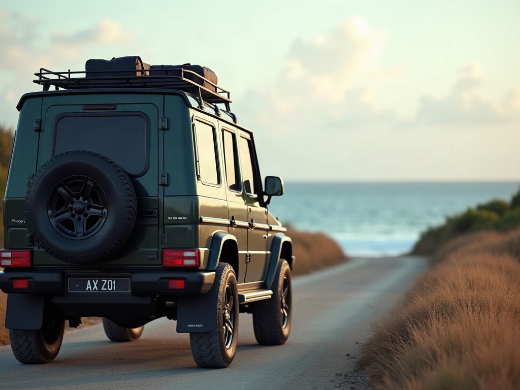 Unbranded 4x4 transfer vehicle on a coastal road in West Sumba