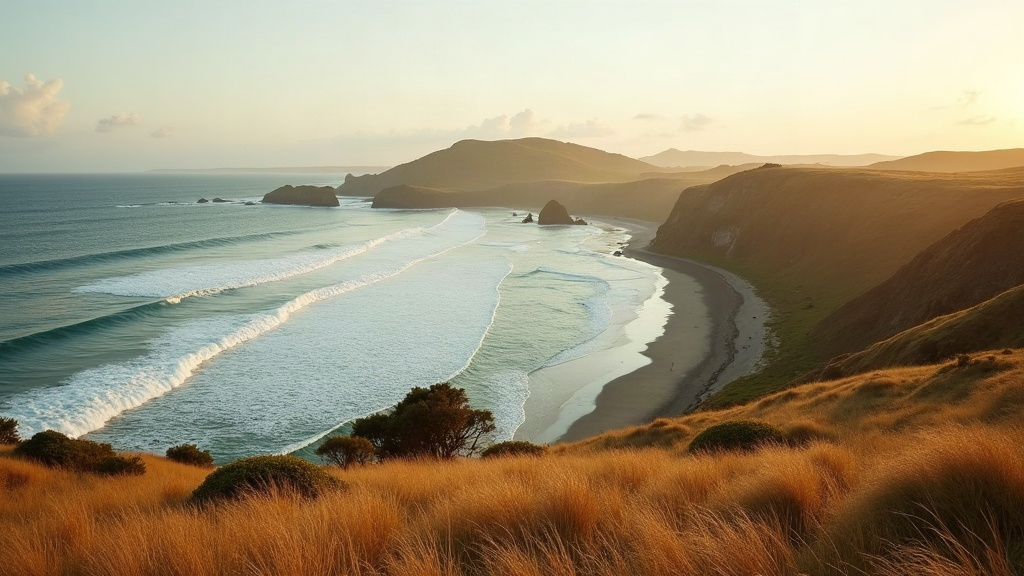 Grassy headland and ocean swell on the southwest coast of Sumba in early morning light
